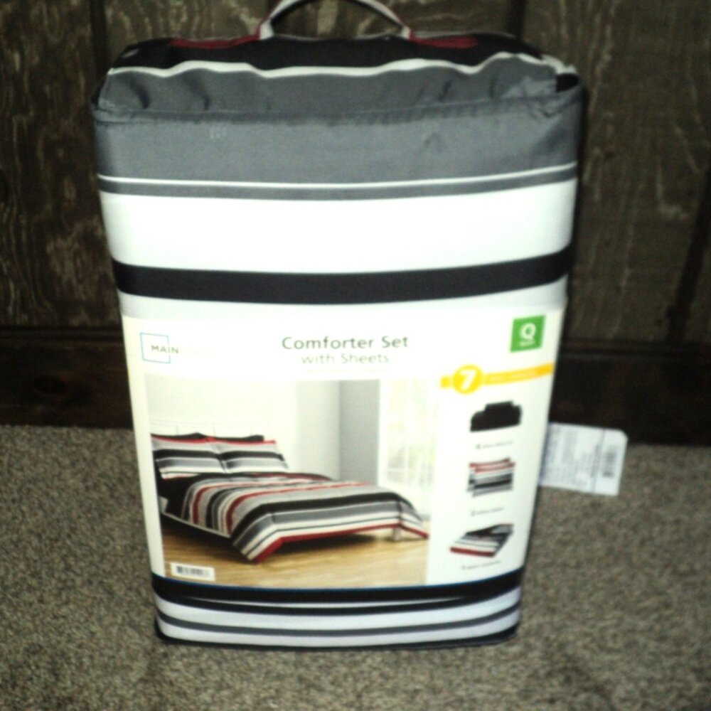 Mainstays Comforter Set w/ Sheets Queen 7 Pieces Red, Black, White Stripes NEW